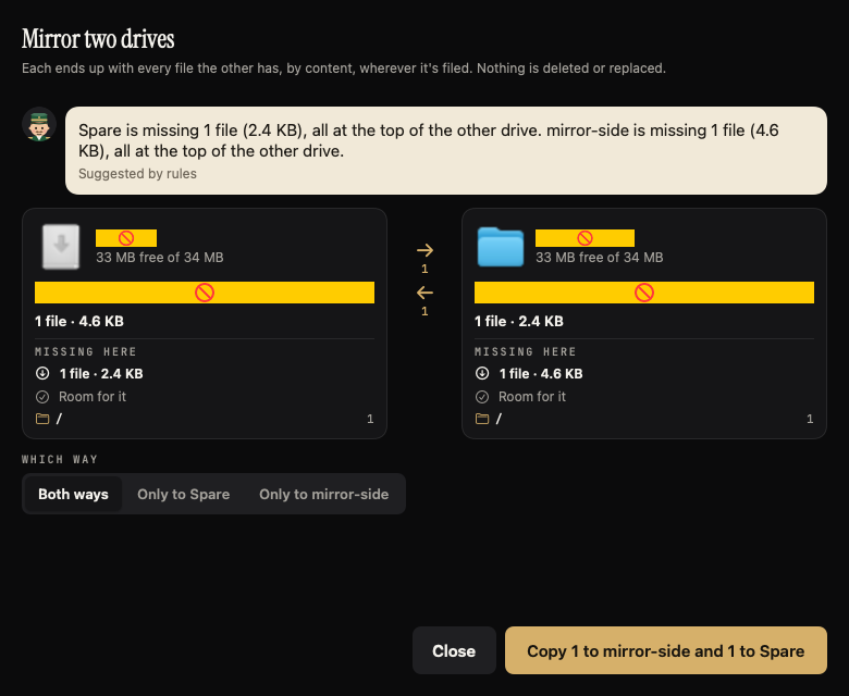 Mirror two drives, showing the files each one is missing before anything is copied.