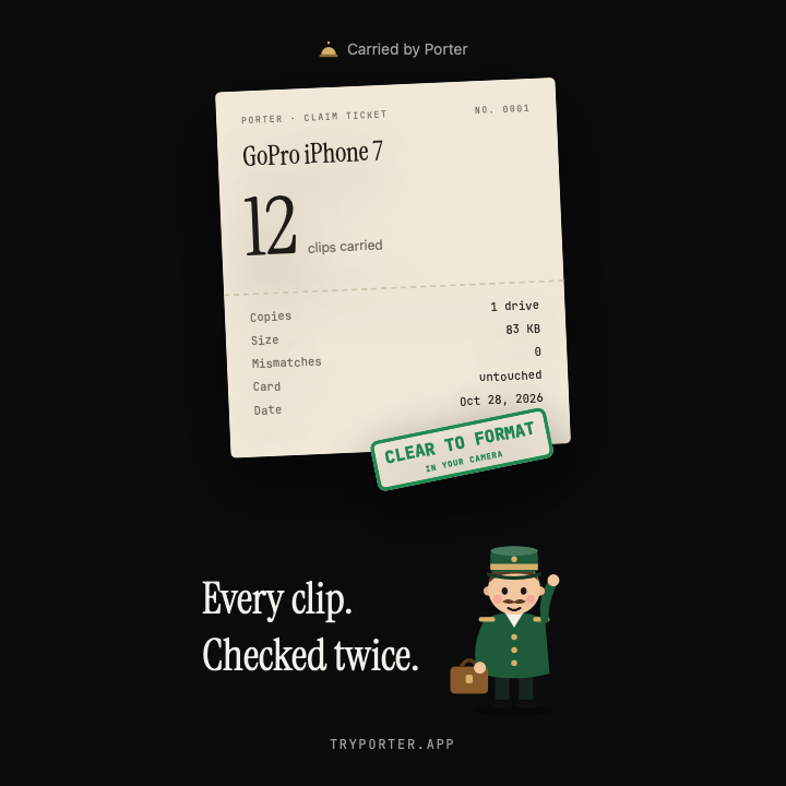 A claim ticket stamped clear to format, with Porter.